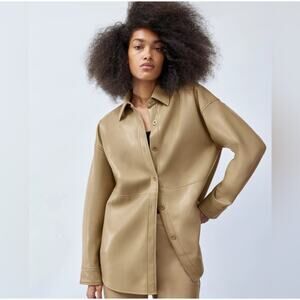 Babaton Vegan Leather Button Front Long Sleeve Taupe Size Medium